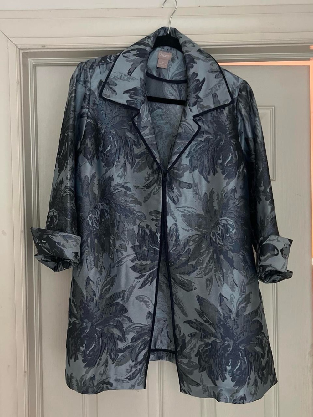 Chico's Slate Blue Floral Jacquard Jacket